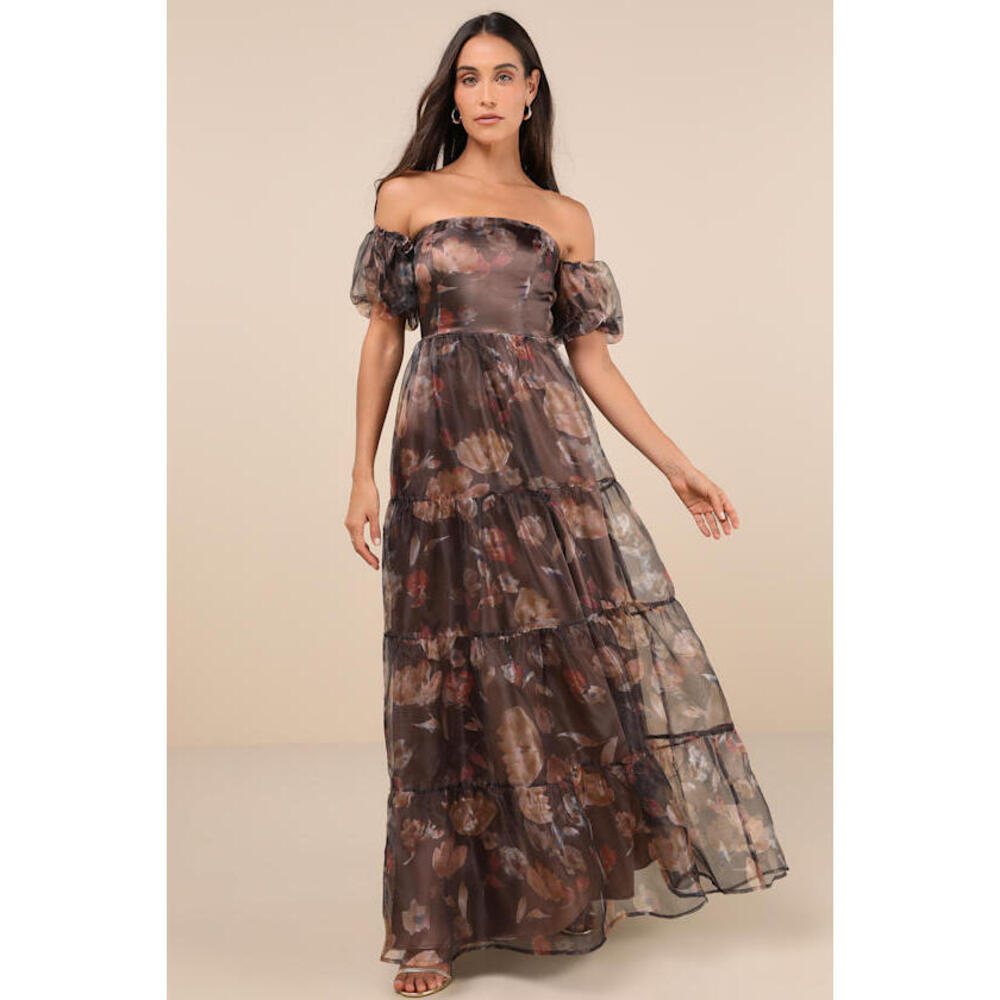 Lulus Exquisite Finesse Brown Floral Organza Maxi Dress With Pockets - Size M - Picture 1 of 1